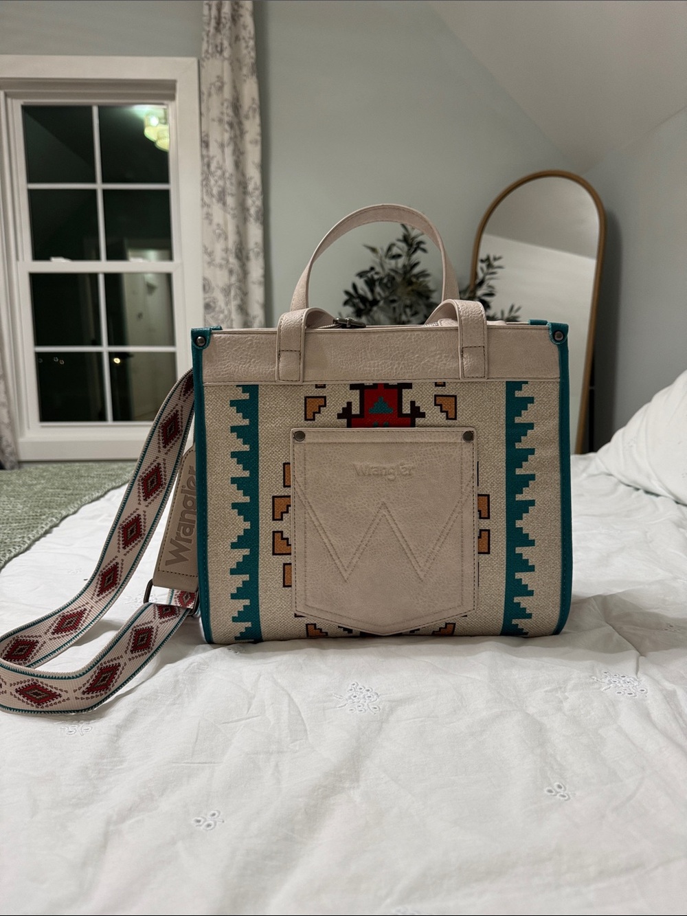 Wrangler Beige Canvas Tote with Teal and Multicolor Aztec Trim